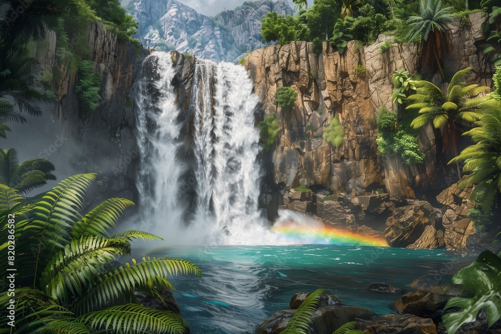 Fototapeta premium : A majestic waterfall cascading down rugged cliffs into a turquoise pool, surrounded by lush tropical vegetation and ferns, with a rainbow forming in the mist at the base of the falls