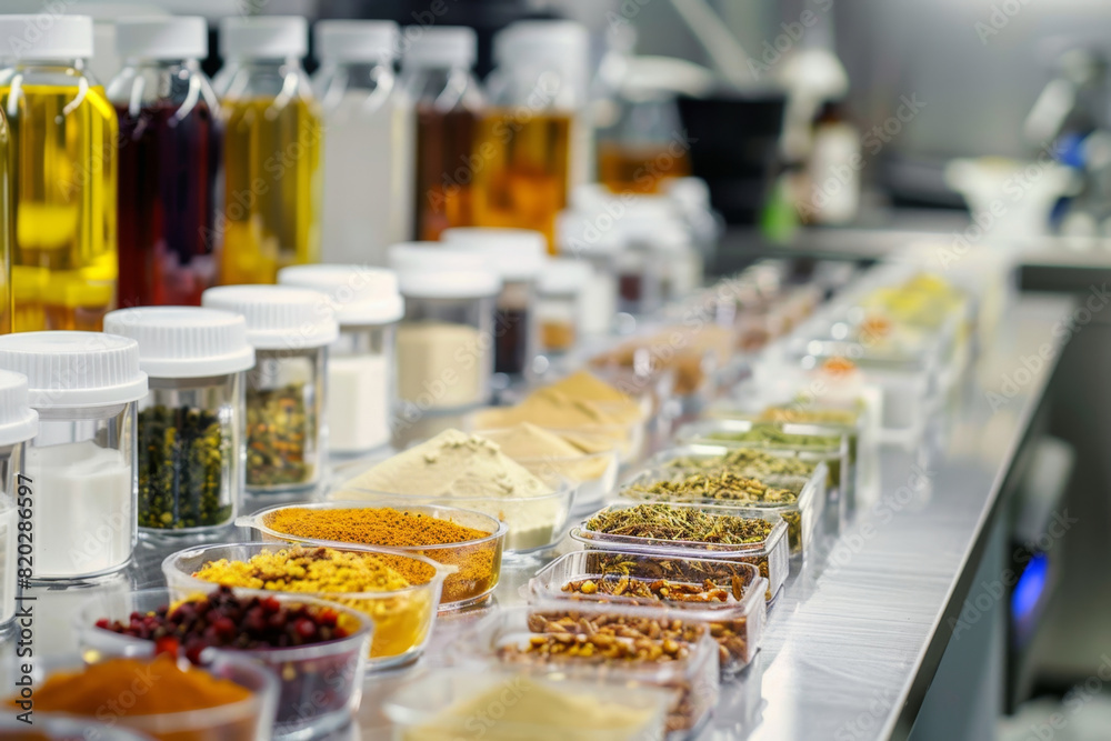 food ingredient testing, a selection of food samples displayed on lab benches, highlighting the variety of ingredients for testing and assessment food ingredient testing, a selection of food samples displayed on lab benches, highlighting the variety of ingredients for testing and assessment