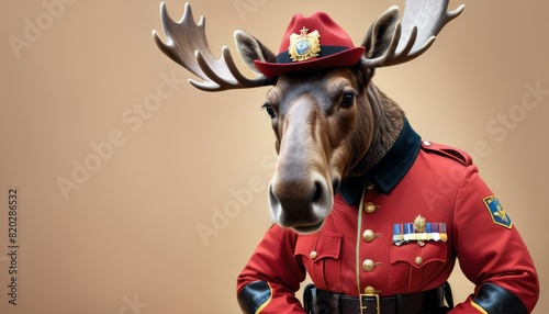 An imaginative portrayal of a moose clad in the iconic red Royal Canadian Mounted Police uniform, complete with hat and medals, against a soft beige backdrop. photo