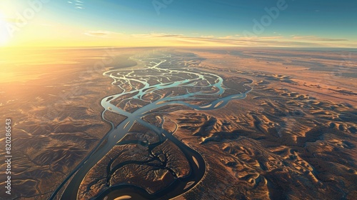 Murray-Darling river system, showing divergence of rivers, flat aerial perspective, sunny day realistic photo