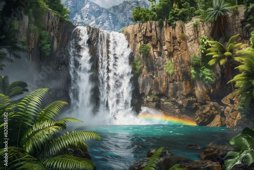   A majestic waterfall cascading down rugged cliffs into a turquoise pool  surrounded by lush tropical vegetation and ferns  with a rainbow forming in the mist at the base of the falls