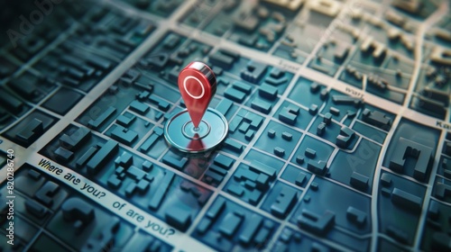 maps navigation, red pin location icon on building city street roads design background, 3D illustration "Where are you?"
