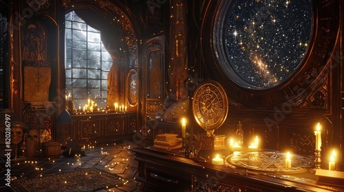 mystical astrologer s chamber  lit by candlelight  with an ornate brass astrolabe  ancient star maps on the walls  and a window looking out to a beautifully detailed constellation  evoking a sense of 