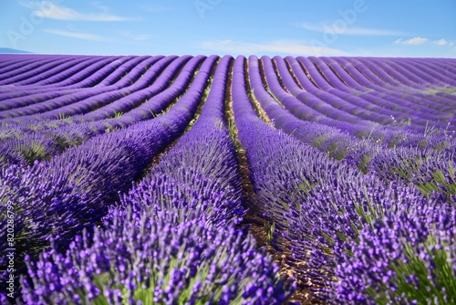   An expansive lavender field in full bloom  stretching out to the horizon under a clear blue sky  with the rows of vibrant purple flowers creating a mesmerizing pattern