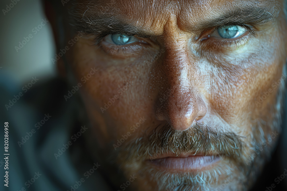 Obraz premium A furrowed brow and clenched jaw, a portrait of determination and resolve in the face of adversity. Concept of steadfast perseverance. Generative Ai.