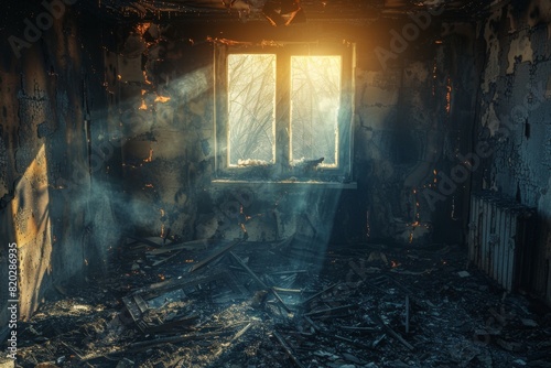An empty room with charred walls and ceiling  indicative of a damaged apartment after a house fire. Through the window  you can glimpse the aftermath of destruction.       