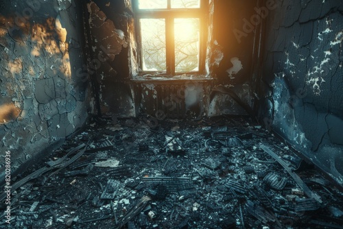 An empty room with charred walls and ceiling, indicative of a damaged apartment after a house fire. Through the window, you can glimpse the aftermath of destruction.






 photo