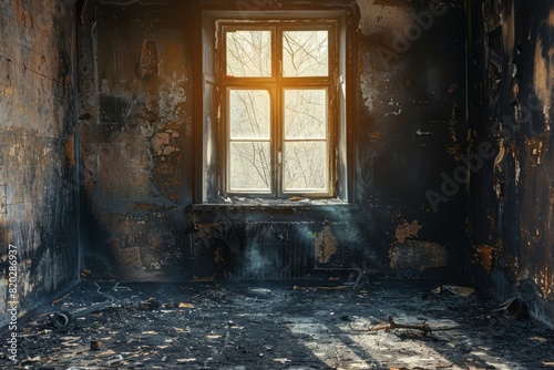 An empty room with charred walls and ceiling, indicative of a damaged apartment after a house fire. Through the window, you can glimpse the aftermath of destruction.






 photo