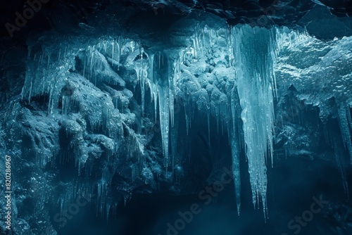 A fantastical cave adorned with ice stalactites and stalagmites resembles a scene from an Icelandic glacier, evoking a sense of wonder and enchantment.






 photo