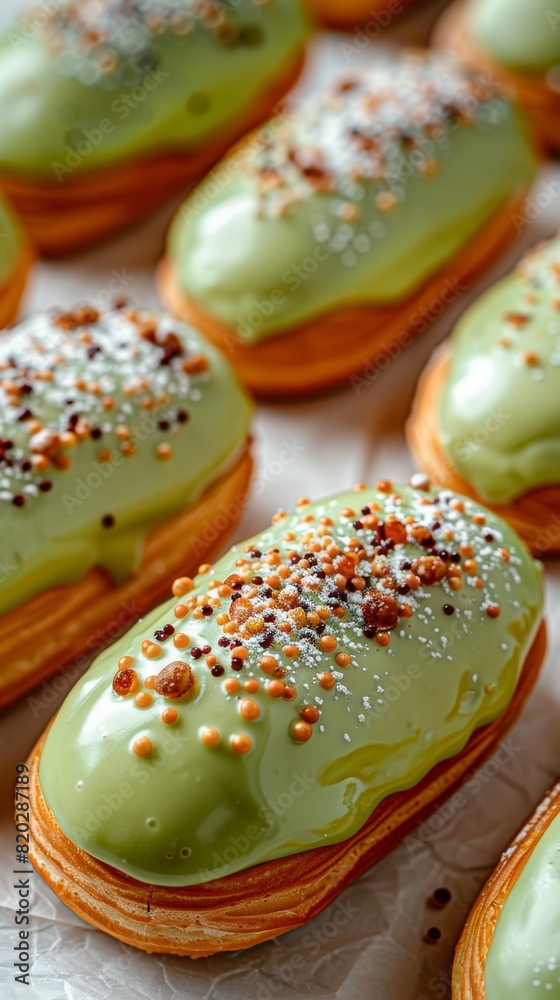 Recently baked éclairs featuring green glazing arranged on a white table. These delightful treats epitomize delicious and sweet food, serving as a delectable dessert option.






