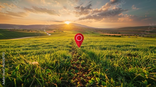 Green field and sunset with destination big red pin location.Picnic