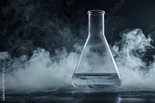 A glass Erlenmeyer flask and a transparent test tube, both emitting a smoke effect, depict a scene from a chemical laboratory.
