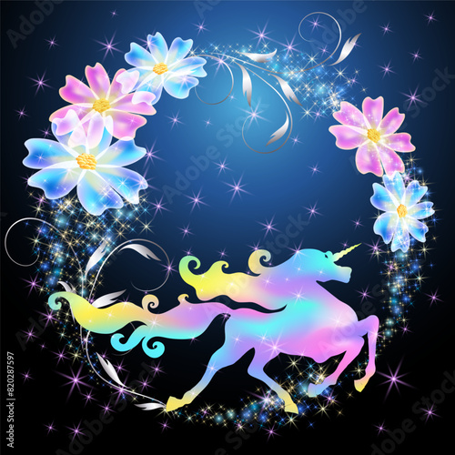 Unicorn and floral round frame with magic flowers against the backdrop of a fabulous night starry sky.