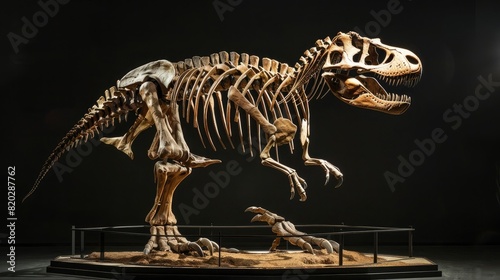 natural history museum  life - size Tyrannosaurus Rex skeleton centerpiece  softly lit with spotlight realistic