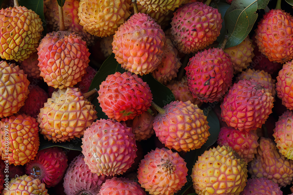 A mound of sweet lychees piled high in a bustling market, their rough, pink-red skins giving way to translucent white flesh within. Concept of exotic market. Generative Ai. A mound of sweet lychees piled high in a bustling market, their rough, pink-red skins giving way to translucent white flesh within. Concept of exotic market. Generative Ai.