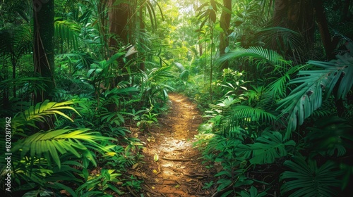 Forest footpath in verdant greenery supports carbon sequestration efforts  advocating for preservation and rewilding initiatives to combat climate change. Sustainable carbon reduction