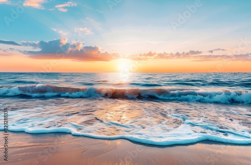 Colorful Sunset Over Ocean Waves and Sandy Beach