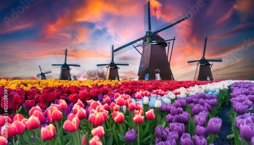 Molinos de viento hechos con lana, precioso paisaje de campo de flores en Holanda hecho con lana, creado con IA
 photo