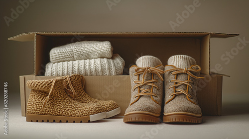 Two pairs of fashionable knitted boots and sweater placed in an open cardboard box, with a beige color scheme. The product photography features studio lighting