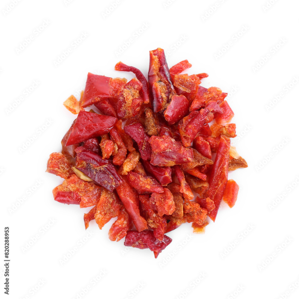 Aromatic spice. Red chili pepper flakes isolated on white, top view