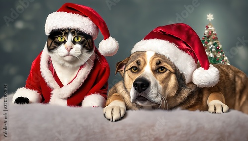 A dog and a cat wearing a Santa Claus costume