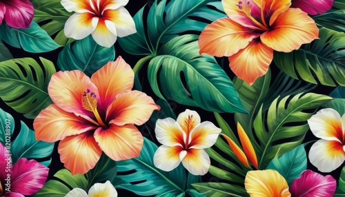 A lush illustration of vibrant tropical hibiscus flowers with rich green foliage, evoking a paradise-like feel. © video rost