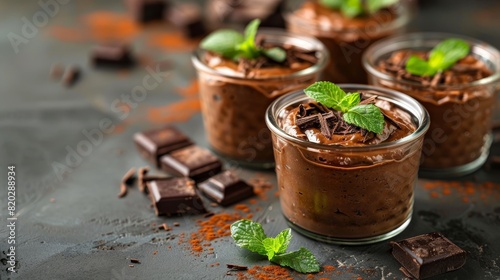 Decadent avocado chocolate mousse in mini glass jars with mint and shavings on minimalist background