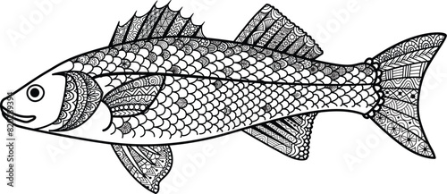 Cuadro en lienzo Mandala seabass fish with editable stroke thickness for design elements, engraving or coloring page