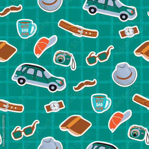 Cartoon seamless pattern with male objects and symbols.Set of stickers on a checkered background.Hand drawn car  glasses  mustache  belt  cup  cap  hat  watch  camera.Vector design for Fathers Day.