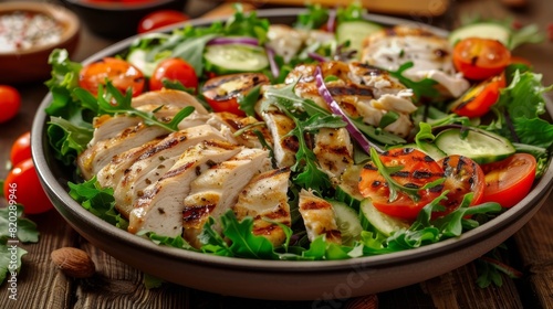 Fresh salad with chicken breast on wood background