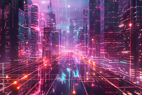 Futuristic digital cityscape with vibrant neon lights and dynamic data flow lines, simulating a high-tech environment. AI