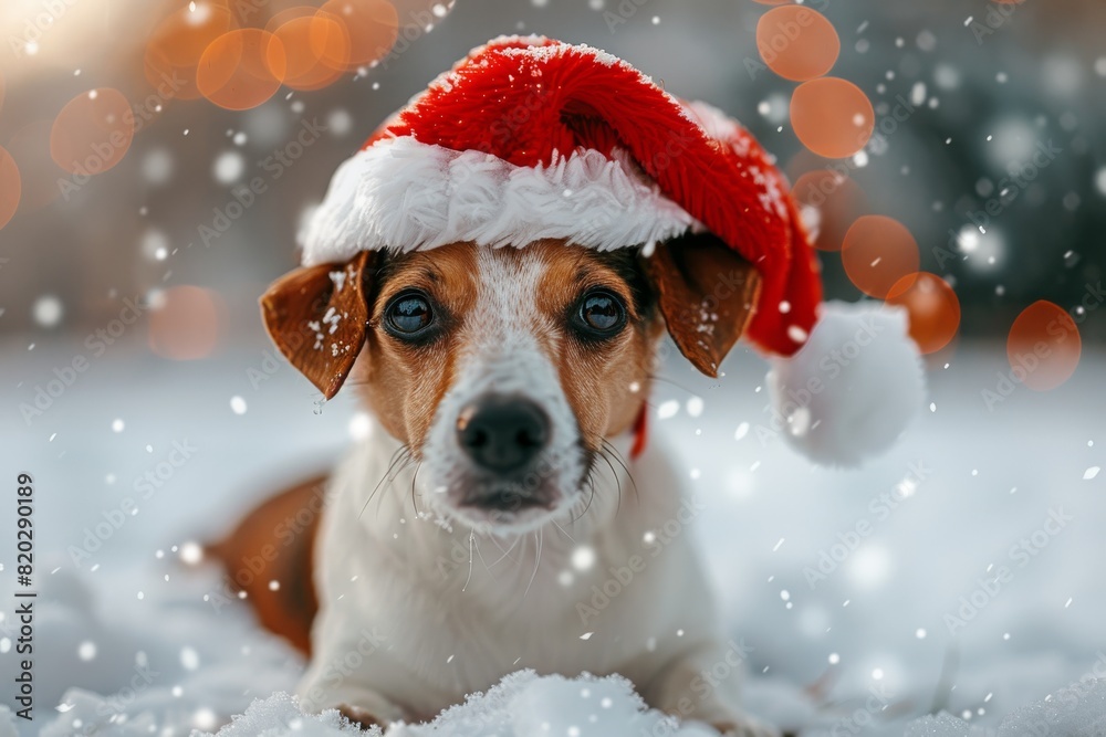 Jack Russel breed dog wearing festive red Santa hat posing outdoor in snowy park decorated for holidays . Christmas celebration. Bright warm colours. Jack Russel breed dog wearing festive red Santa hat posing outdoor in snowy park decorated for holidays . Christmas celebration. Bright warm colours.