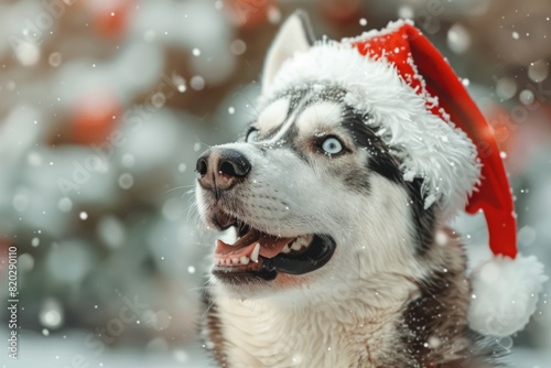 Husky breed dog wearing festive red Santa hat posing outdoor in snowy park decorated for holidays . Christmas celebration. Bright warm colours. 