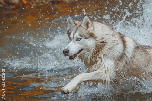 husky jumps in the water. Pet activity 