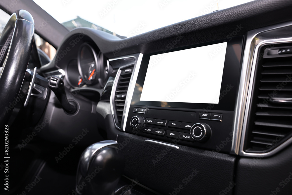 Steering wheel and dashboard inside of modern black car, closeup Steering wheel and dashboard inside of modern black car, closeup