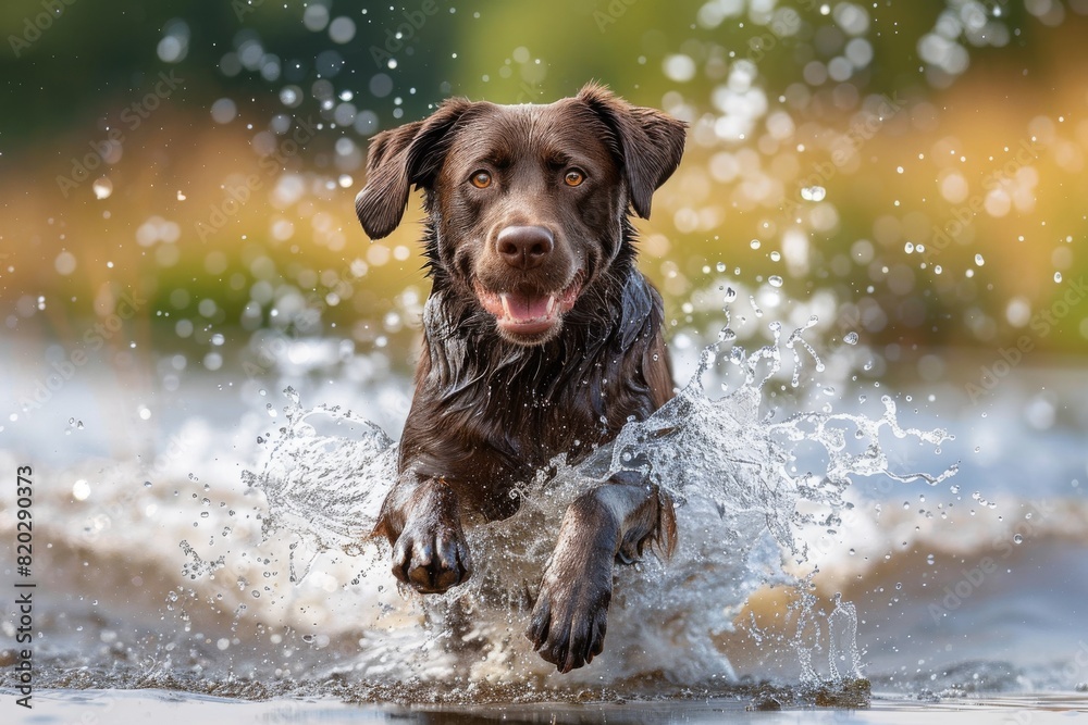Labrador jumps in the water. Pet activity Labrador jumps in the water. Pet activity