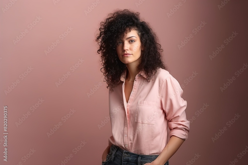 A woman with curly hair is wearing a pink shirt and jeans A woman with curly hair is wearing a pink shirt and jeans