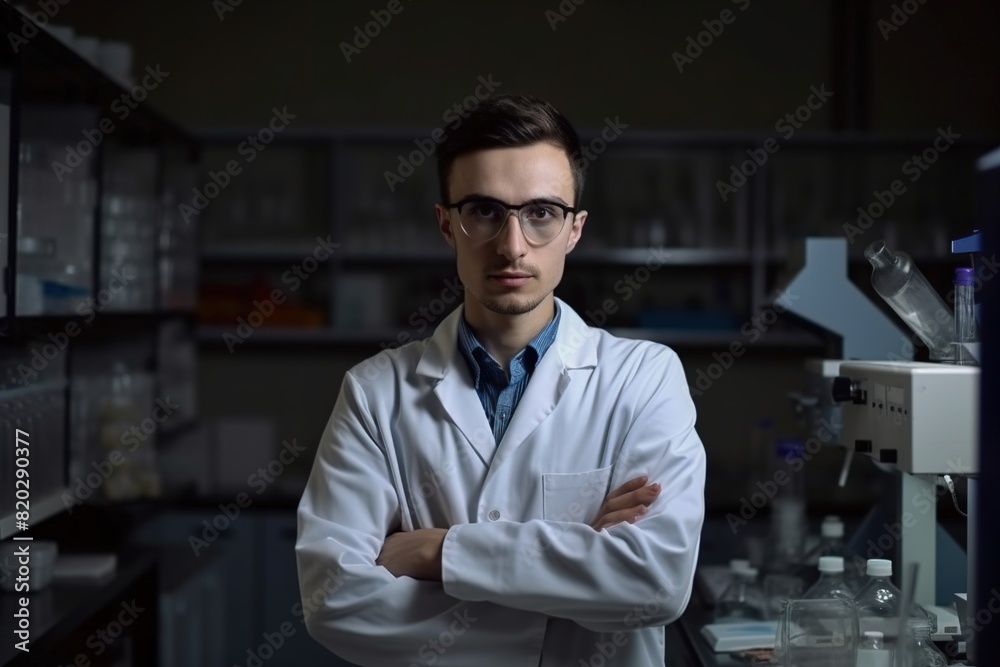 A man in a white lab coat stands in front of a shelf of bottles A man in a white lab coat stands in front of a shelf of bottles