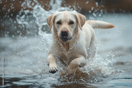Labrador jumps in the water. Pet activity 