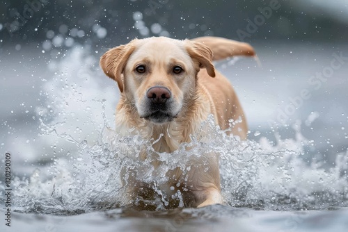 Labrador jumps in the water. Pet activity  © Uliana