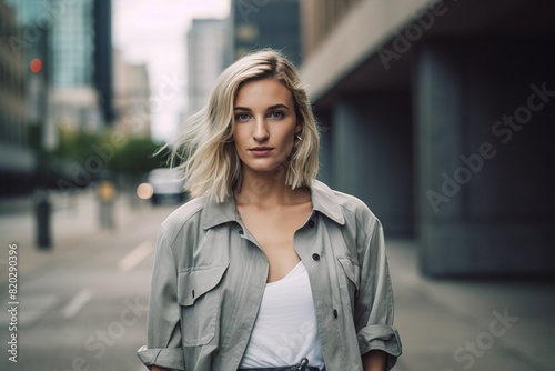 A blonde woman wearing a gray jacket and white shirt stands on a city street © Juan Hernandez