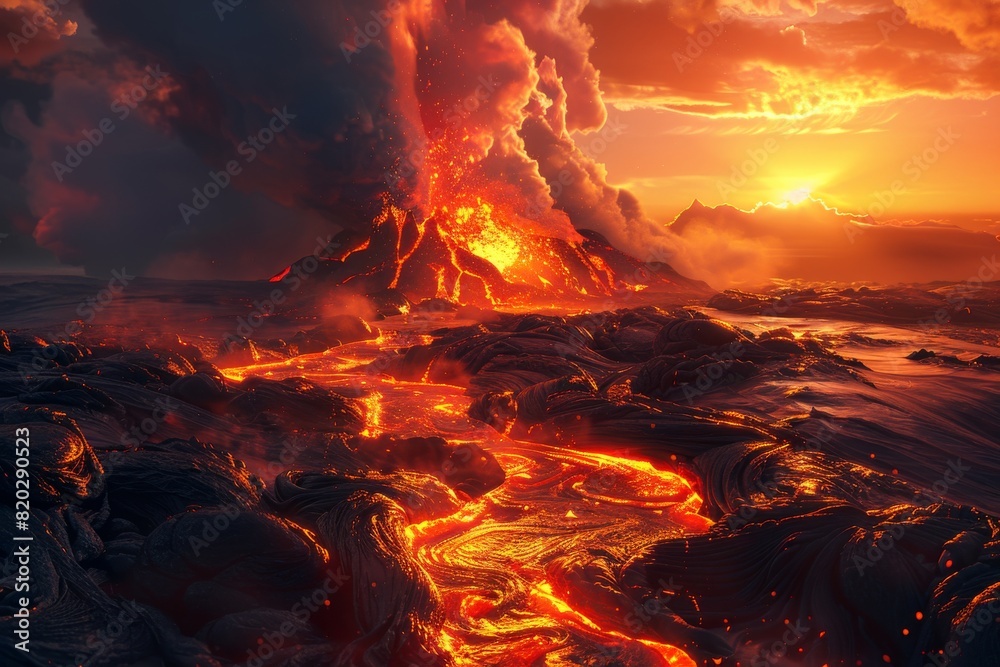 Hot orange lava erupts on the surface, accompanied by billowing smoke, depicting a natural disaster of immense power and intensity.
Hot orange lava erupts on the surface, accompanied by billowing smoke, depicting a natural disaster of immense power and intensity.