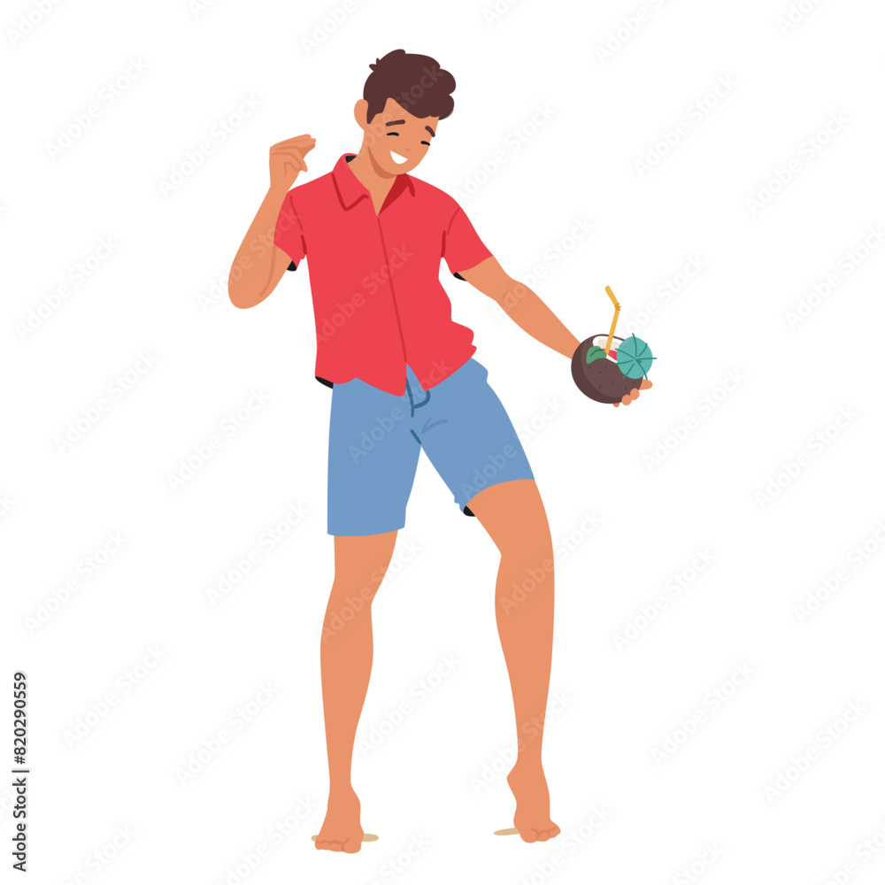 Man Dances Joyfully At A Beach Party, Holding A Coconut Drink With A Straw And Umbrella, Wearing Casual Summer Clothes Man Dances Joyfully At A Beach Party, Holding A Coconut Drink With A Straw And Umbrella, Wearing Casual Summer Clothes
