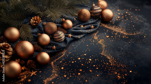 A dark blue tablecloth with golden Christmas decorations and pine branches on it, stars and small bronze balls. Dark background with glittering gold dust, high resolution photography