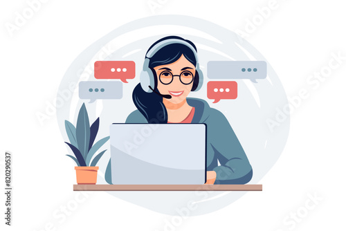 Woman sitting with laptop. Concept remote working, studying, education, work from home. Flat. Vector illustration