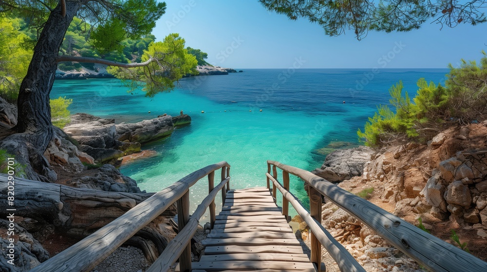 A wooden pier extends towards the sea, blending with the natural landscape A wooden pier extends towards the sea, blending with the natural landscape