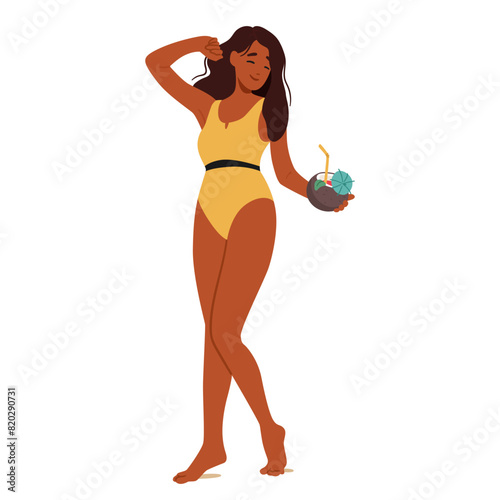 Cheerful Young Woman In A Yellow Swimsuit Holding A Cocktail, Enjoying A Beach Party, Cartoon People Vector Illustration