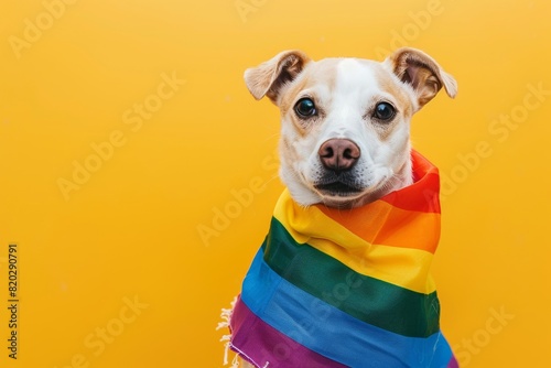 Cute dog with LGBT flag on yellow background. Jack Russell Terrier in rainbow flag. Gay pride pet. Pride Month, Pride Day in June. Diversity, freedom and pride LGBT people. Creative and humor banner