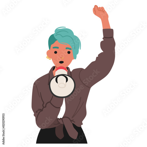 Vibrant Young Woman With Turquoise Hair Actively Using A Megaphone To Communicate Or Protest, Vector Illustration