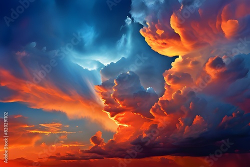 vivid orange and cool blue tones dominate a dramatic cloudscape cumulonimbus clouds rising high  photo
